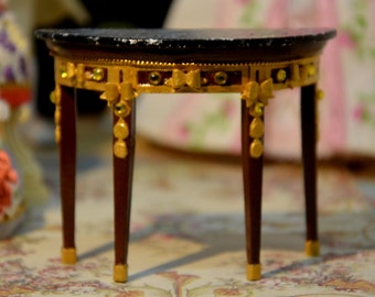 French dolls' house, scale 1/12, Louis XVI half-moon console, Gold and rhinestone decoration, Marble top, Unique copy.