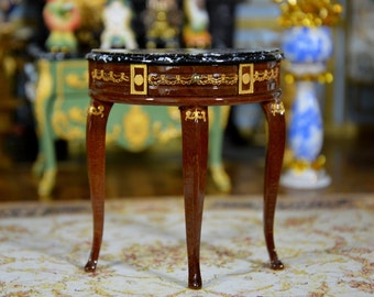 French half-moon console, fine golden decoration, marble top, functional drawer, Miniature scale 1/12, Dollhouse, French style.
