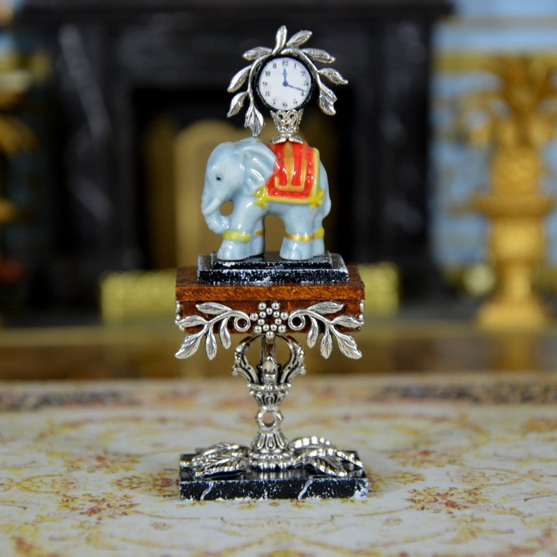 Louis XVI French Style. and its presentation table Miniature scale 112 Dollhouse Carried by a Porcelain Elephant French Style Pendulum