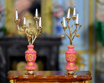 French 4-arm candlesticks, Pompadour pink and gold, very fine golden ornamentation, the pair in unique pieces, Dollhouse, 1/12 scale..