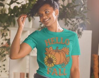 Camiseta Hello Fall, camiseta con estampado de calabaza y girasol