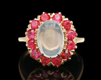 Vintage 10k Moonstone &amp; Ruby Halo Ring