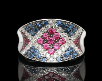 Le Vian 14k White Gold Pavé Set Diamond, Ruby &amp; Sapphire Saddle Ring