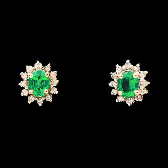 14k Yellow Gold Synthetic Emerald & Diamond Earri… - image 1
