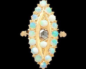 Antique 18k Yellow Gold Opal &amp; Diamond Navette Ring