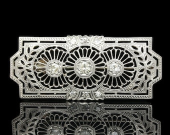 Art Deco 18k White Gold Diamond Filigree Convertible Brooch Pin