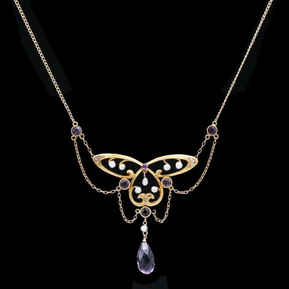 14k Yellow Gold Antique Amethyst and Pearl Neckla… - image 2