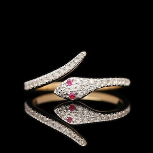 Yellow Gold Diamond Snake Ring with Ruby Eyes