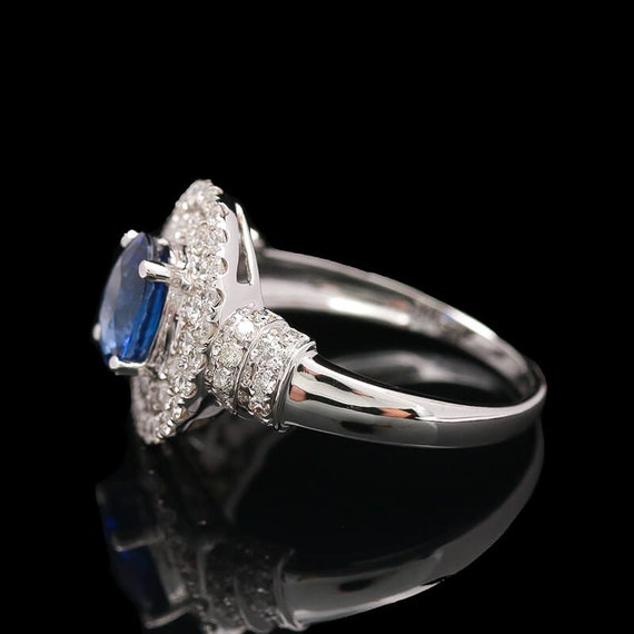 18k White Gold Sapphire & Double Diamond Halo Ring - image 3