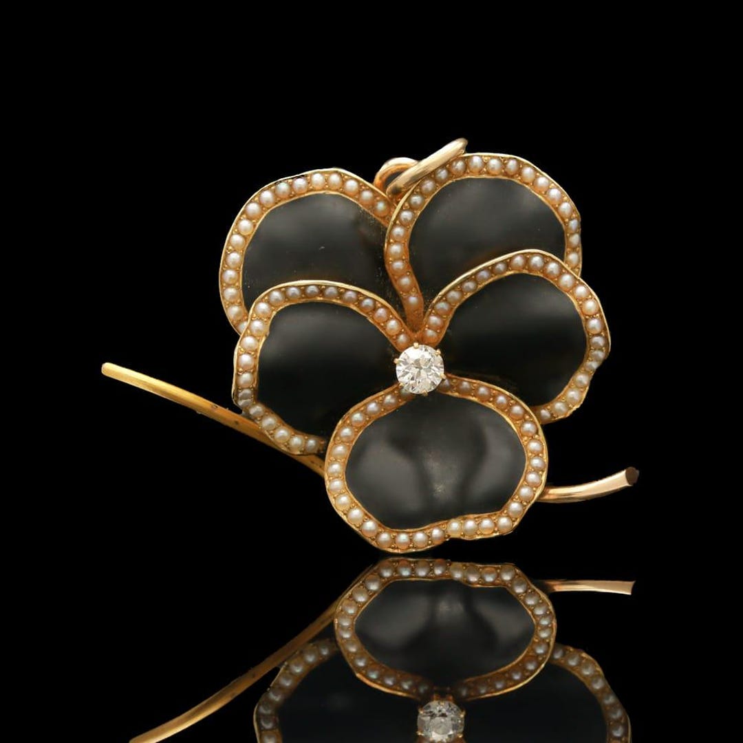 A.J. Hedges & Co. 14k 0.21 CT Diamond and Pearl Mourning Pansy