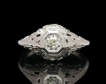 18k White Gold 0.15 ct Old European Cut Diamond Filigree Ring