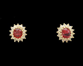 14k Yellow Gold Ruby &amp; Diamond Halo Stud Earrings