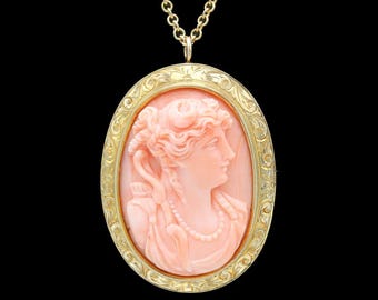 Victorian Engraved 14k Yellow Gold Carved Coral Cameo Pendant/Brooch Converter Necklace
