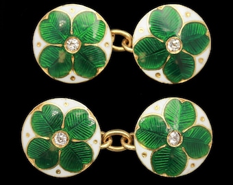 Antique 18k Yellow Gold 0.16 ctw Old Mine Cut Diamond &amp; Enamel Four Leaf Clovers Cufflinks