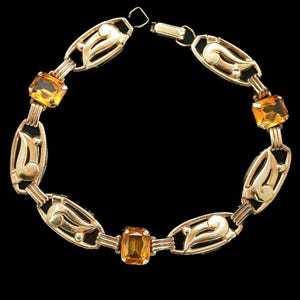 Art Deco Gold Filled Czech Glass Panel Bracelet