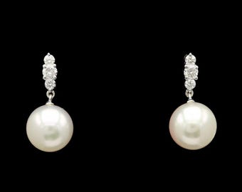 14k White Gold 0.20 ctw Diamond &amp; 7.80 mm Pearl Drop Earrings