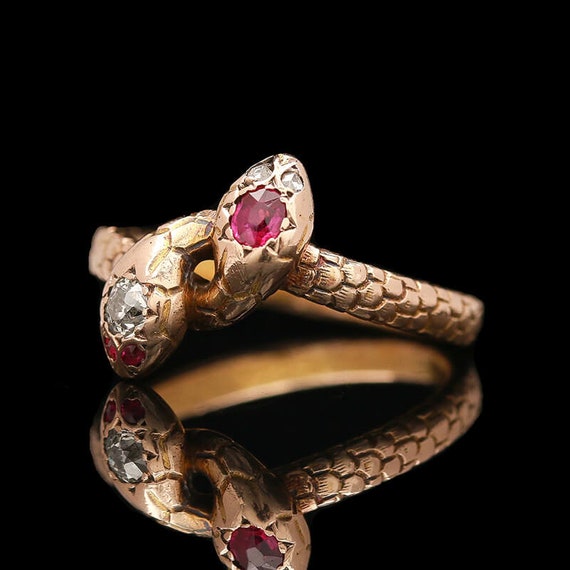 Victorian 14k Rose Gold Ruby & Diamond Snake Ring - image 2