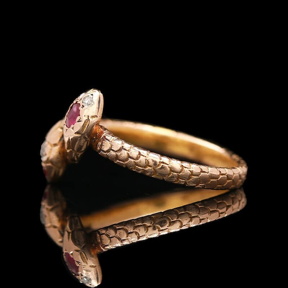 Victorian 14k Rose Gold Ruby & Diamond Snake Ring - image 4