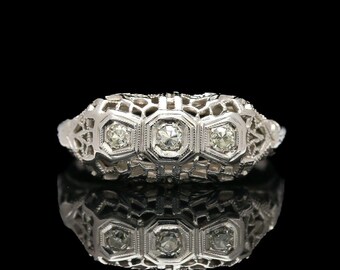 Art Deco 18k White Gold Filigree Three Stone Diamond Ring