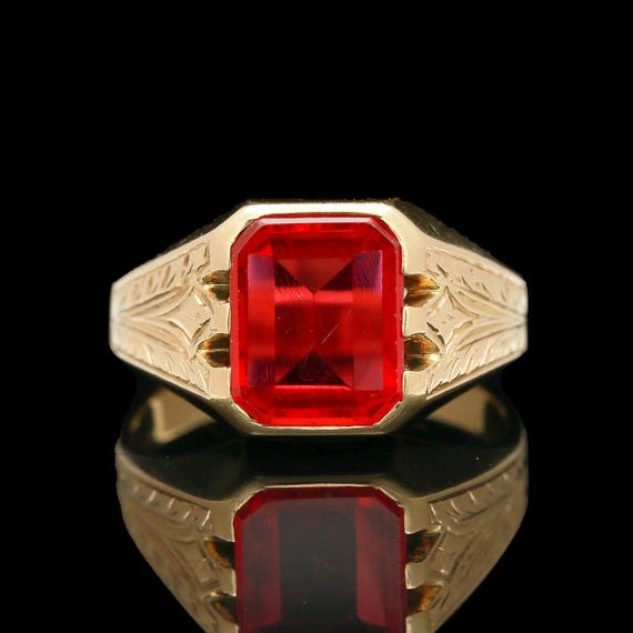 Antique Engraved 10k Portrait Cut Synthetic Ruby Ring