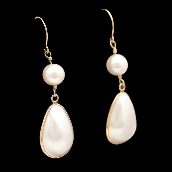 14k Yellow Gold Pear Shaped Pearl Drop Earrings - image 2