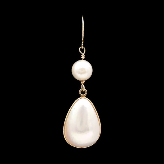 14k Yellow Gold Pear Shaped Pearl Drop Earrings - image 3
