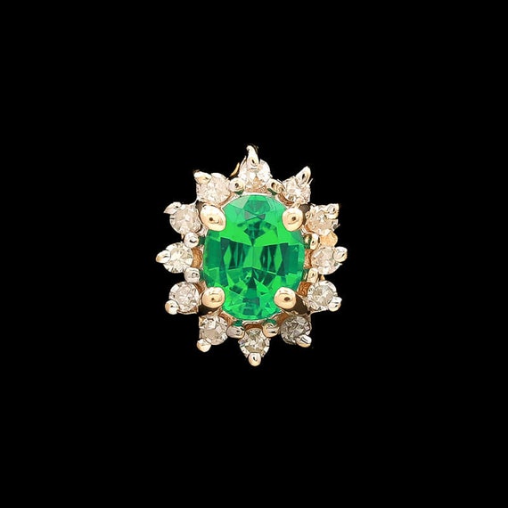 14k Yellow Gold Synthetic Emerald & Diamond Earri… - image 2