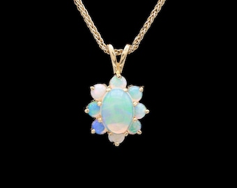 14k Yellow Gold Opal Cluster Pendant Necklace