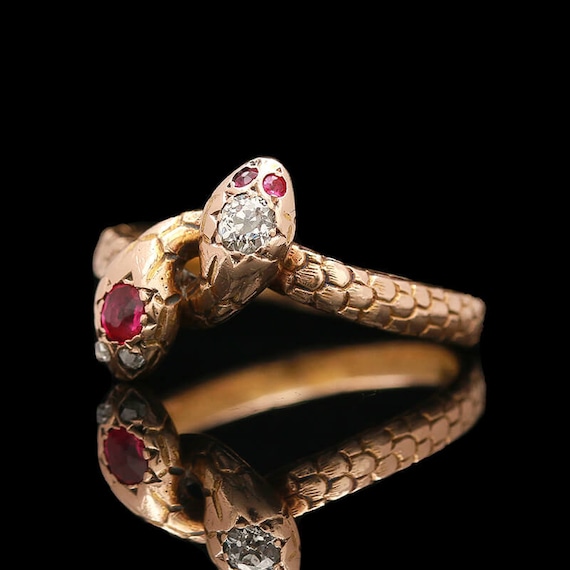 Victorian 14k Rose Gold Ruby & Diamond Snake Ring - image 3