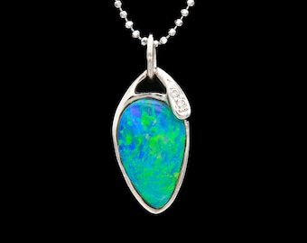 18k White Gold Boulder Opal &amp; Diamond Pendant Necklace on 14k Chain