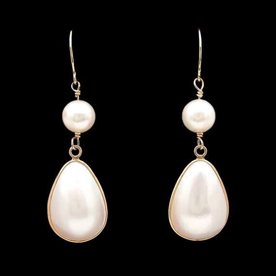 14k Yellow Gold Pear Shaped Pearl Drop Earrings - image 1