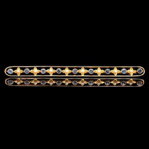 14K Sapphire and Seed Pearl Bar Brooch