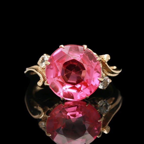 Antique 10k Yellow Gold Lab Grown Pink Sapphire & Glass Paste Ring
