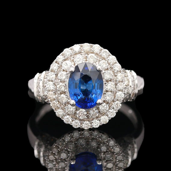 18k White Gold Sapphire & Double Diamond Halo Ring - image 1