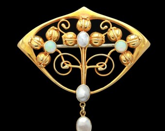 Art Nouveau 14k Yellow Gold Baroque Pearl and Opal Brooch