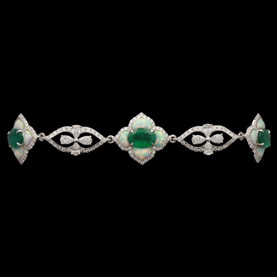 18k White Gold Emerald, Opal & Diamond Quatrefoil… - image 2