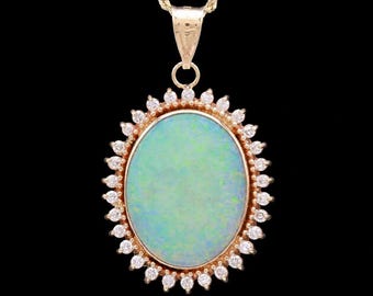 14k Yellow Gold Opal &amp; Diamond Halo Pendant Necklace