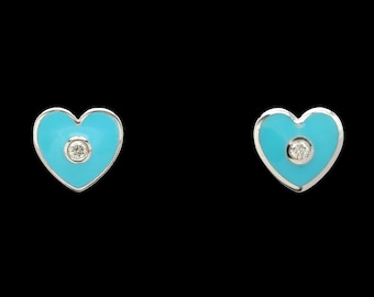14k White Gold Diamond &amp; Enamel Heart Stud Earrings