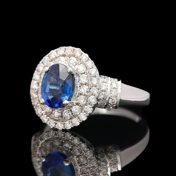 18k White Gold Sapphire & Double Diamond Halo Ring - image 2