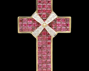 14k Yellow Gold Garnet & Diamond Cross Enhancer Pendant