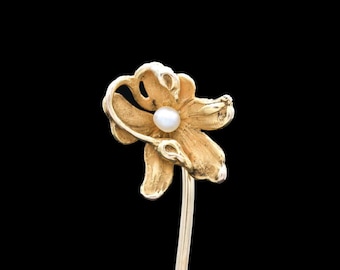 Antique 14k Yellow Gold Floral Pearl Stick Pin