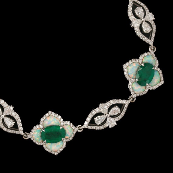 18k White Gold Emerald, Opal & Diamond Quatrefoil… - image 4