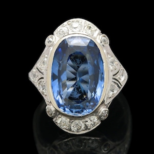 Art Deco 18k White Gold Lab Grown Sapphire &amp; 1.00 CTW Old Cut Diamond Ring