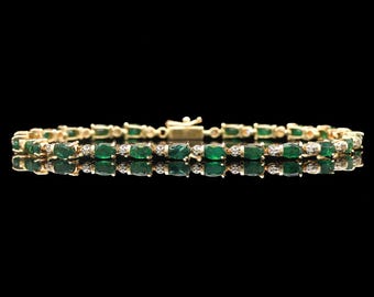 14k Yellow Gold Emerald &amp; Diamond Tennis Bracelet