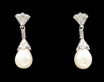 14k White Gold Diamond &amp; 6.75 mm Pearl Drop Earrings