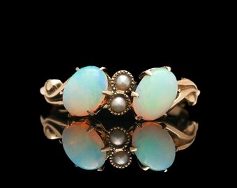 Victorian 10k Rose Gold Opal &amp; Seed Pearl Ring