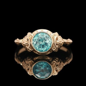 Art Deco 14k Rose Gold American Beauty Blue Zircon Ring