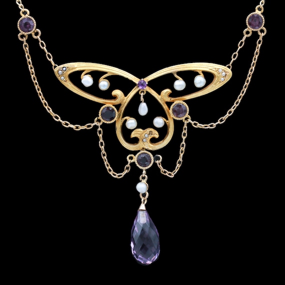 14k Yellow Gold Antique Amethyst and Pearl Neckla… - image 1