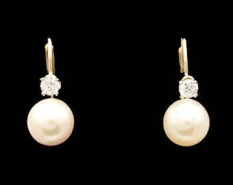 14k Yellow Gold 7.20 mm Pearl &amp; 0.20 ctw Diamond Drop Earrings