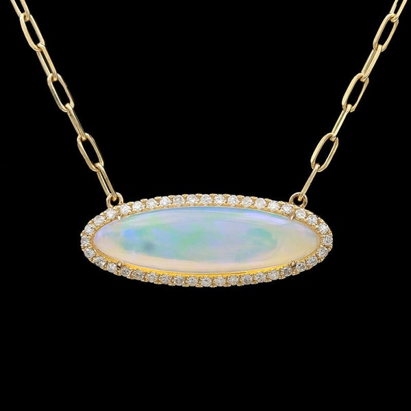 14k Yellow Gold Opal & Diamond Pendant Necklace